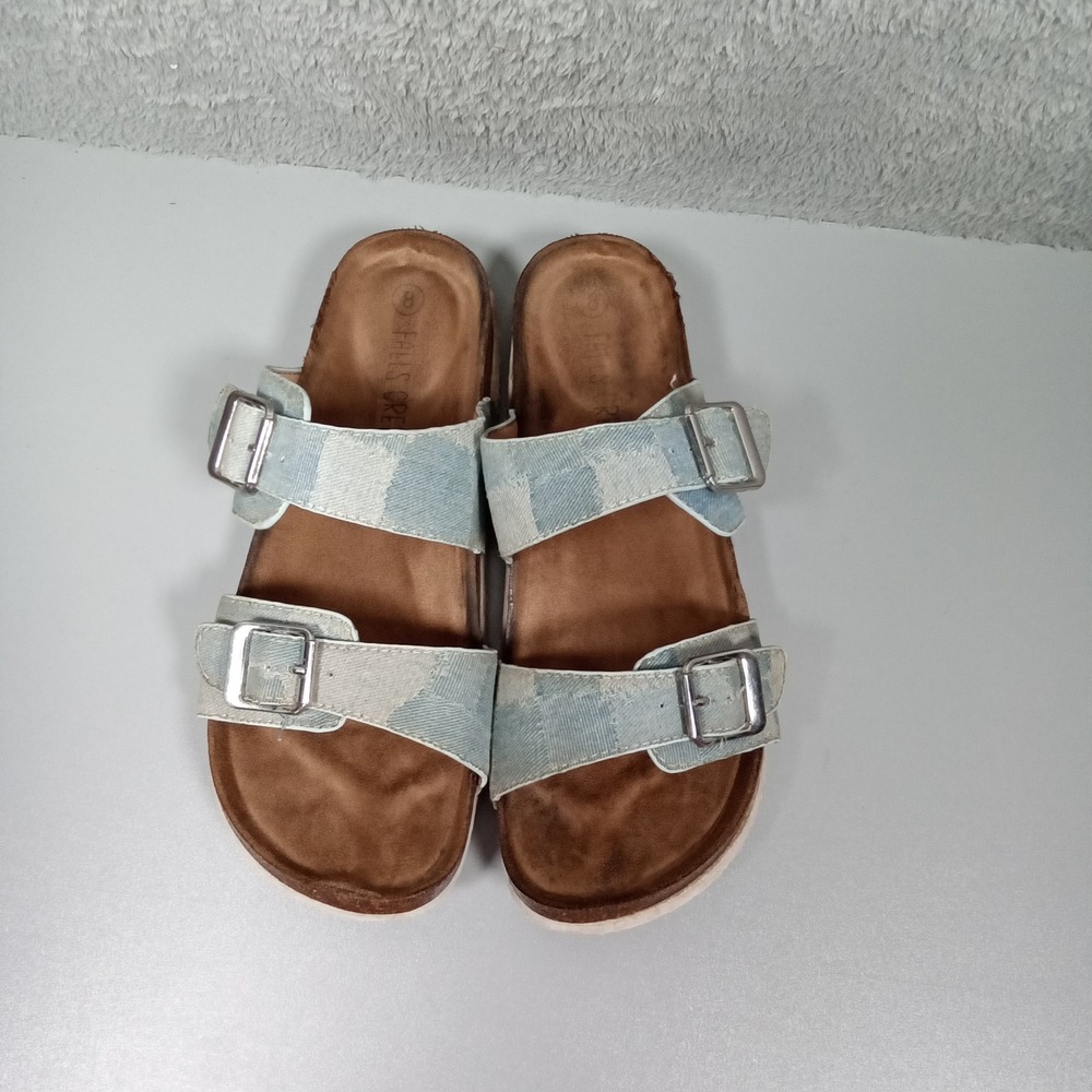 Falls Creek Womens 8 Blue Patchwork Denim Double Strap Buckle Slide Sandals‎